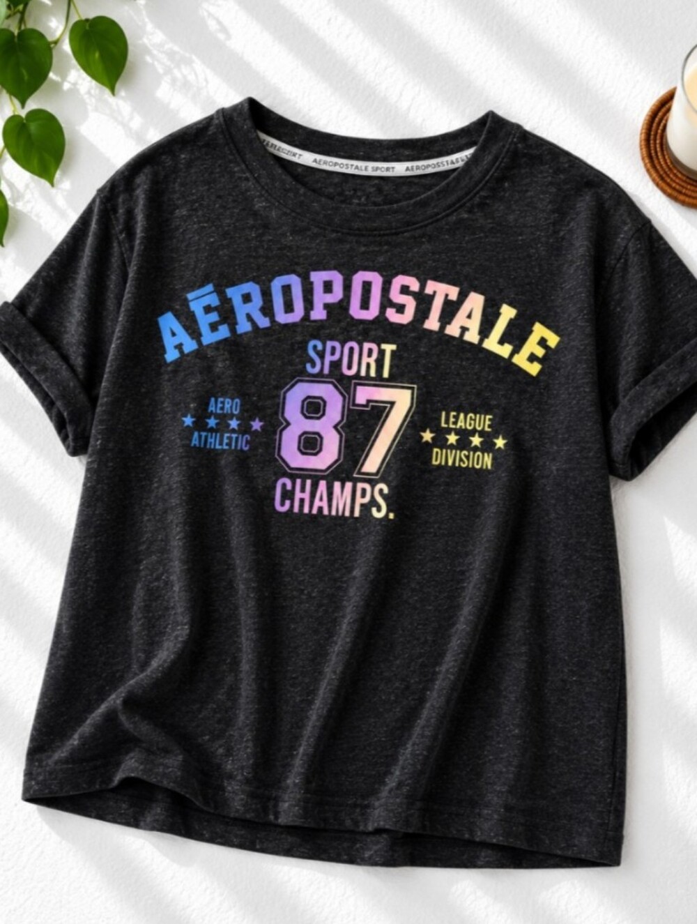 Aeropostale Black Short-Sleeve Graphic Tee with Rainbow Lettering